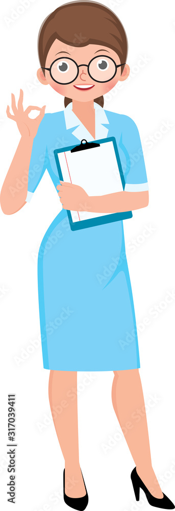 Vector cartoon illustration woman doctor physician or full length nurse points hand