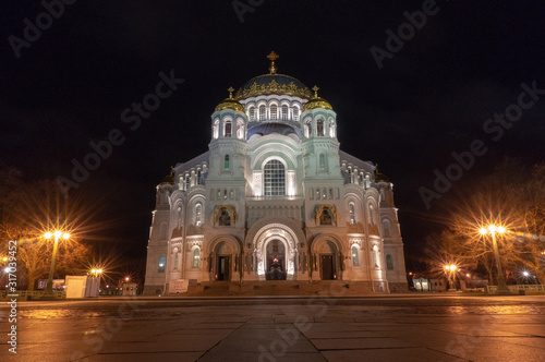 The St. Nicholas Wonderworker's Naval Cathedral in the night illumination close-up. Kronstadt, Russia