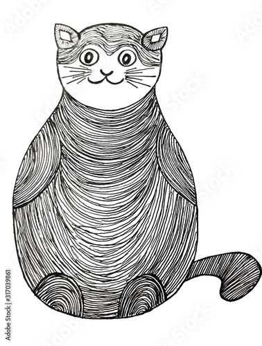 Illustration with pencil and watercolor paints. Abstract cat drawn by hand. Design of tattoo, wallpaper, covers, clothes, backgrounds.