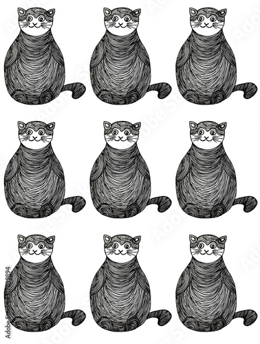 Illustration with pencil and watercolor paints. Abstract cat drawn by hand. Design of tattoo, wallpaper, covers, clothes, backgrounds.
