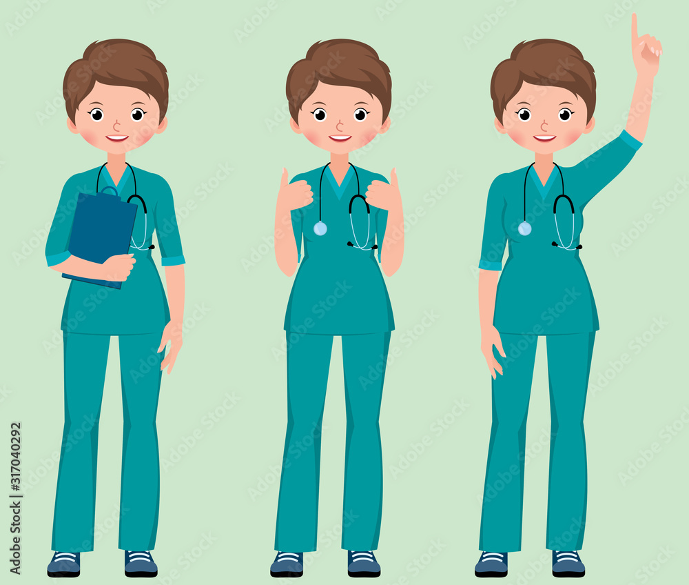 Vector set cartoon illustration of a young woman surgeon doctor or nurse in full length dressed in medical green uniform in various poses
