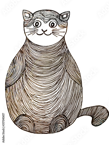 Illustration with pencil and watercolor paints. Abstract cat drawn by hand. Design of tattoo, wallpaper, covers, clothes, backgrounds.