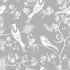 Canvas schilderij Japanse stijl patronen Oosterse bloesemtakken met vogelsilhouetten  © Nikole