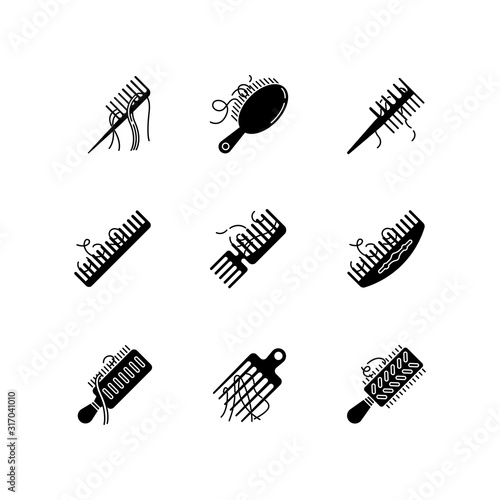 Hair loss black glyph icons set on white space. Comb with hair. Alopecia, stress symptom. Hairbrush with strands. Dermatology, cosmetology. Silhouette symbols. Vector isolated illustration