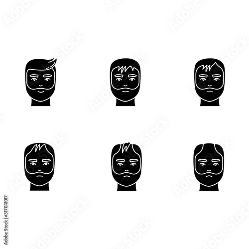 Hair loss black glyph icons set on white space. Baldness process stages. Male alopecia conditions.Hair thinning. Dermatology problem with scalp. Silhouette symbols. Vector isolated illustration