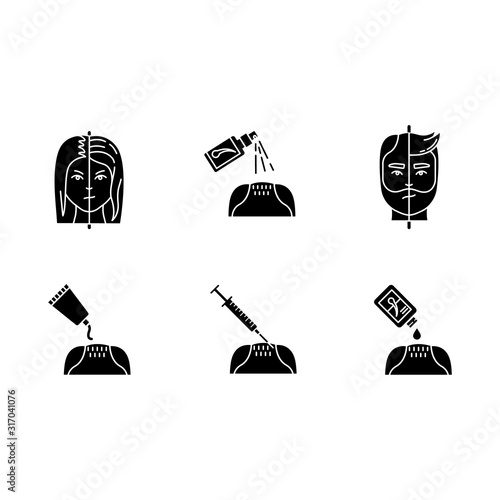 Hair loss black glyph icons set on white space. Male alopecia. Female balding. Haircare, dermatology treatment. Products for hairloss. Medical spray. Silhouette symbols. Vector isolated illustration
