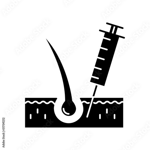 Hairloss injection black glyph icon. Professional alopecia treatment. Medical therapy for baldness problem. Haircare and dermatology. Silhouette symbol on white space. Vector isolated illustration