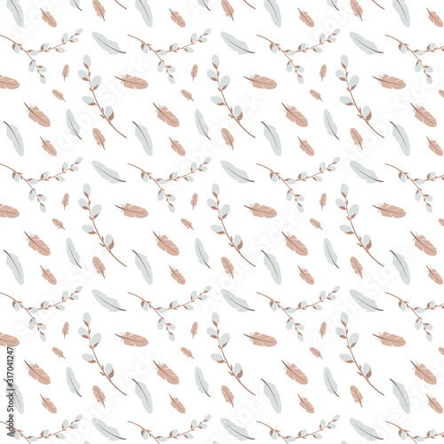 Digital flat illustration of a cute gentle easter pattern with sprigs of willow. Print for banners, fabrics, cards, posters, invitations, wrapping paper, web design.