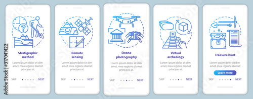 Archeology methods onboarding mobile app page screen vector template. Study of terrain, treasure hunt. Walkthrough website steps with linear illustrations. UX, UI, GUI smartphone interface concept