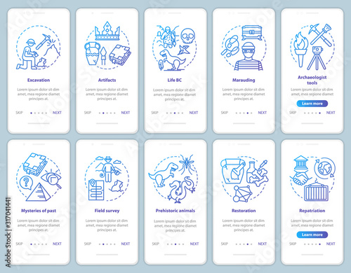 Archeology onboarding mobile app page screen vector template set. Search and protection fossil artifacts. Walkthrough website steps with linear illustrations. UX, UI, GUI smartphone interface concept