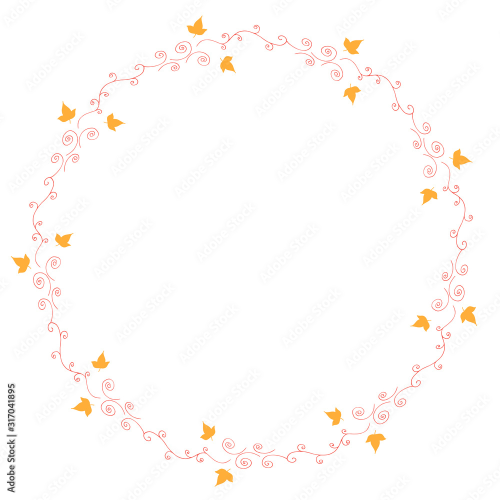 Round frame with horizontal yellow leaves and red decorative elements on white background. Isolated wreath for your design.
