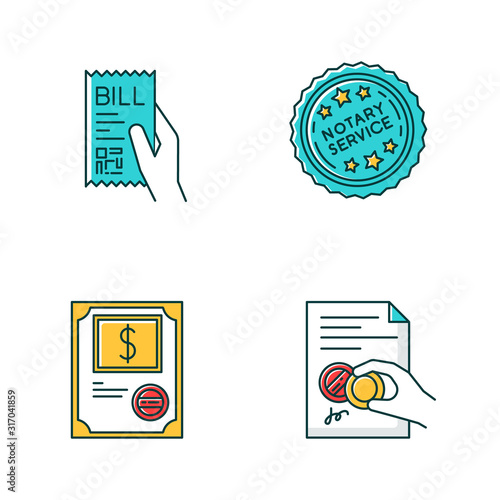 Notary services RGB color icons set. Apostille and legalization. Notarized document. Stock certificate. Bill, receipt. Purchase confirmation. Stamp. Validation. Isolated vector illustrations