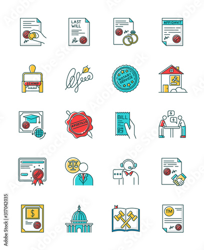 Notary services RGB color icons set. Apostille and legalization. Notarized documents. Stamps. Legal paper. Notarization. Legislature. Certificate. License. Isolated vector illustrations