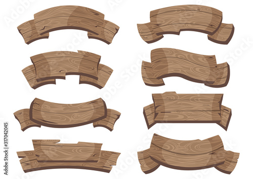Set of wooden banners with decorative elements.