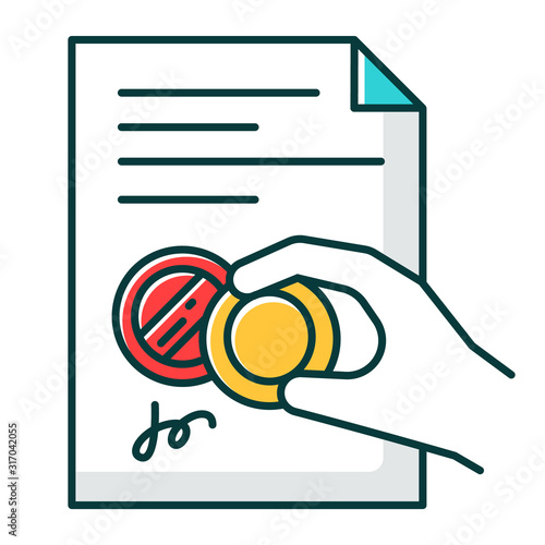 Hand with stamp RGB color icon. Certificate. Signed notarized document. Apostille and legalization. Validation. License. Contract. Legal agreement. Notary services. Isolated vector illustration