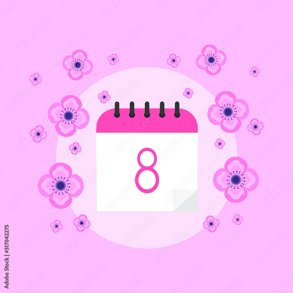 This is vector calendar with the date 8th. Outline calendar isolated on pink background with flowers. Could be used for flyers, postcards, holidays decorations. For Women’s Day. This is vector calendar with the date 8th. Outline calendar isolated on pink background with flowers. Could be used for flyers, postcards, holidays decorations. For Women’s Day.