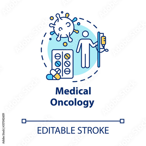 Medical oncology concept icon. Hospital virus therapy. Medication of tumor disease. Cancer treatment idea thin line illustration. Vector isolated outline RGB color drawing. Editable stroke