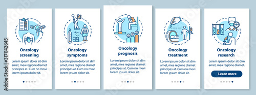 Oncology onboarding mobile app page screen with concepts. Illness treatment walkthrough five steps graphic instructions. Cancer symptoms and prognosis. UI vector template with RGB color illustrations
