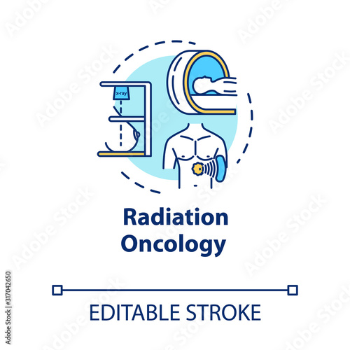 Radiation oncology concept icon. Diagnosis and treatment of cancer. Tumor therapy. Radiotherapy idea thin line illustration. Vector isolated outline RGB color drawing. Editable stroke