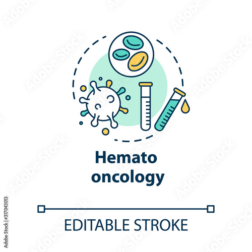 Hemato oncology concept icon. Diagnosis, treatment and prevention of blood diseases. Laboratory virus test idea thin line illustration. Vector isolated outline RGB color drawing. Editable stroke