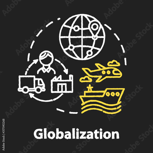Globalization chalk RGB color concept icon. International economy. Global distribution. Market expansion. Worldwide commerce idea. Vector isolated chalkboard illustration on black background