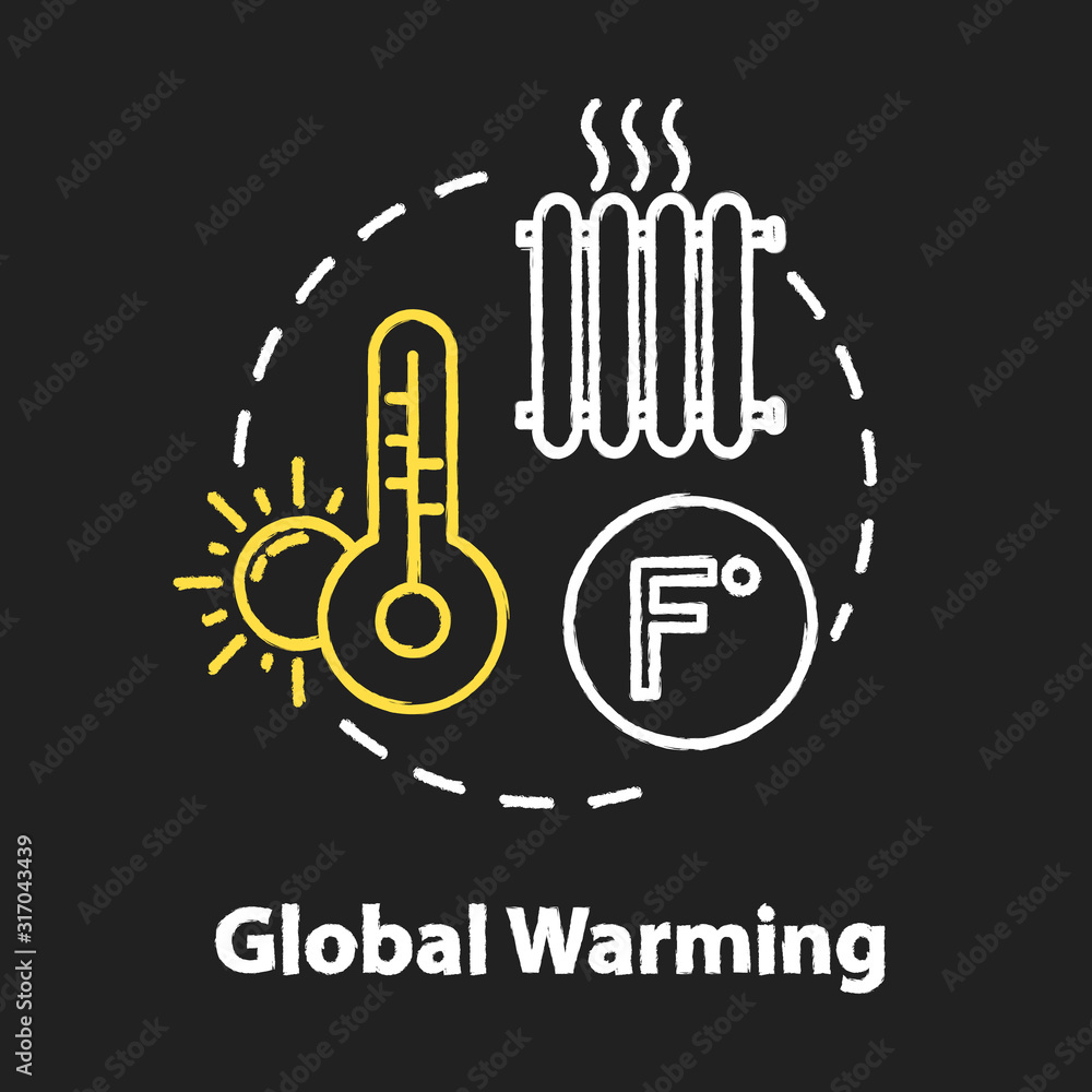 Global warming chalk RGB color concept icon. Heat wave. High temperature. Industrial damage. Ozone depletion. Climate change idea. Vector isolated chalkboard illustration on black background Global warming chalk RGB color concept icon. Heat wave. High temperature. Industrial damage. Ozone depletion. Climate change idea. Vector isolated chalkboard illustration on black background