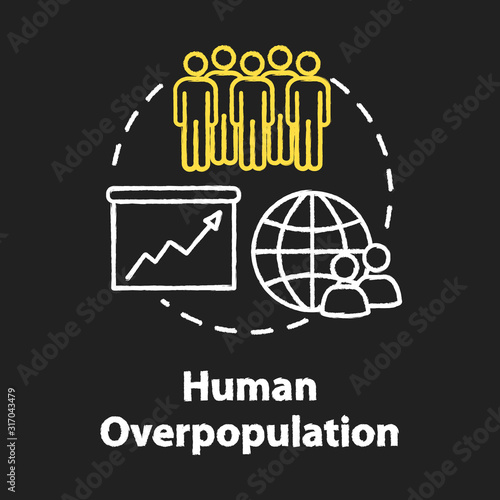 Human overpopulation chalk RGB color concept icon. Birth rate increase. International population. Ecological footprint. Society idea. Vector isolated chalkboard illustration on black background