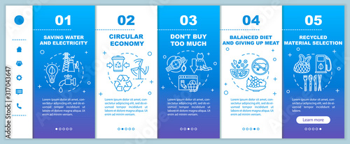 Responsible consumptiononboarding vector template. Recycle and ecology. Consumerism and consupmtion. Responsive mobile website with icons. Webpage walkthrough step screens. RGB color concept