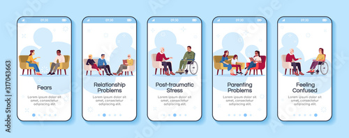 Psychology consultation onboarding mobile app screen vector template. Relationship problems. Fears. Walkthrough website steps with flat characters. UX, UI, GUI smartphone cartoon interface concept