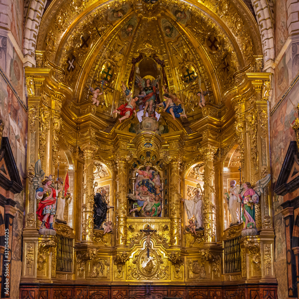 View of the baroque altarpiece of the main altar of the Cistercian monastery church, Sta Maria of Huerta, Aragon, Spain