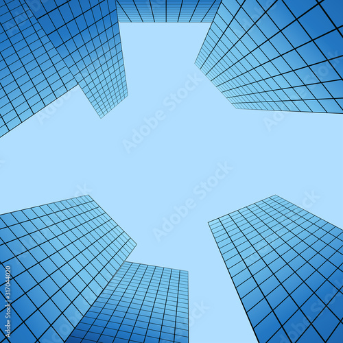 Bottom view of skyscrapers. Business quarter with glass skyscrapers. Sunlight over tall houses. Vector Illustration