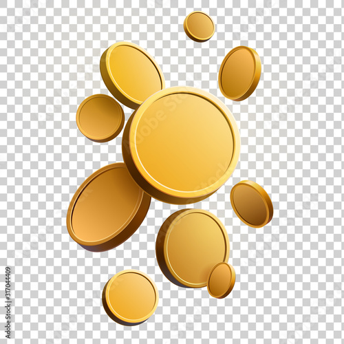 Set of gold coins. Isolated 3d objects in different angles. metallic gradient. Symbol of gold and wealth. Free space for your text. Vector illustration.