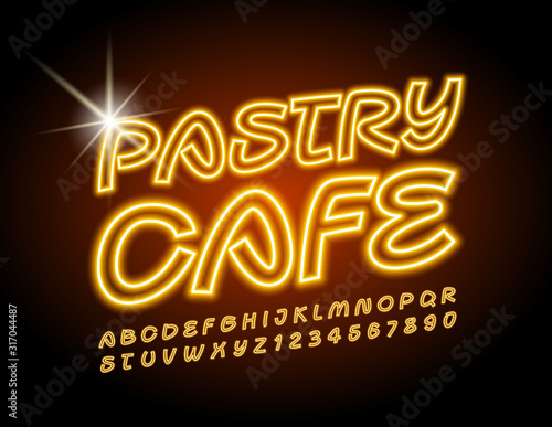 Vector bright banner Pastry Cafe with handwritten neon Font. Yellow electric Alphabet Letters and Numbers