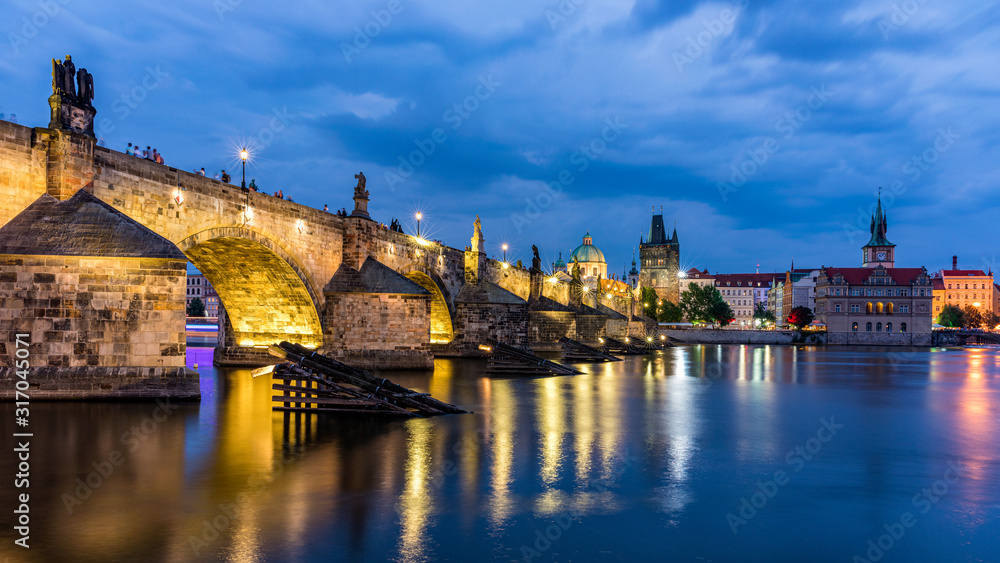 Fototapeta premium Charles Bridge, Old Town and Old Town Tower of Charles Bridge, Prague, Czech Republic. Prague old town and iconic Charles bridge, Czech Republic. Charles Bridge (Karluv Most) and Old Town Tower.