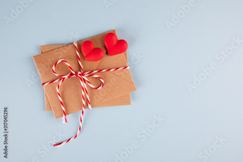 Minimal valentine day concept. Valentine's day love letter postcrossing. Top view Flat lay . Valentines day, Mothers day, Womens day greeting card. photo