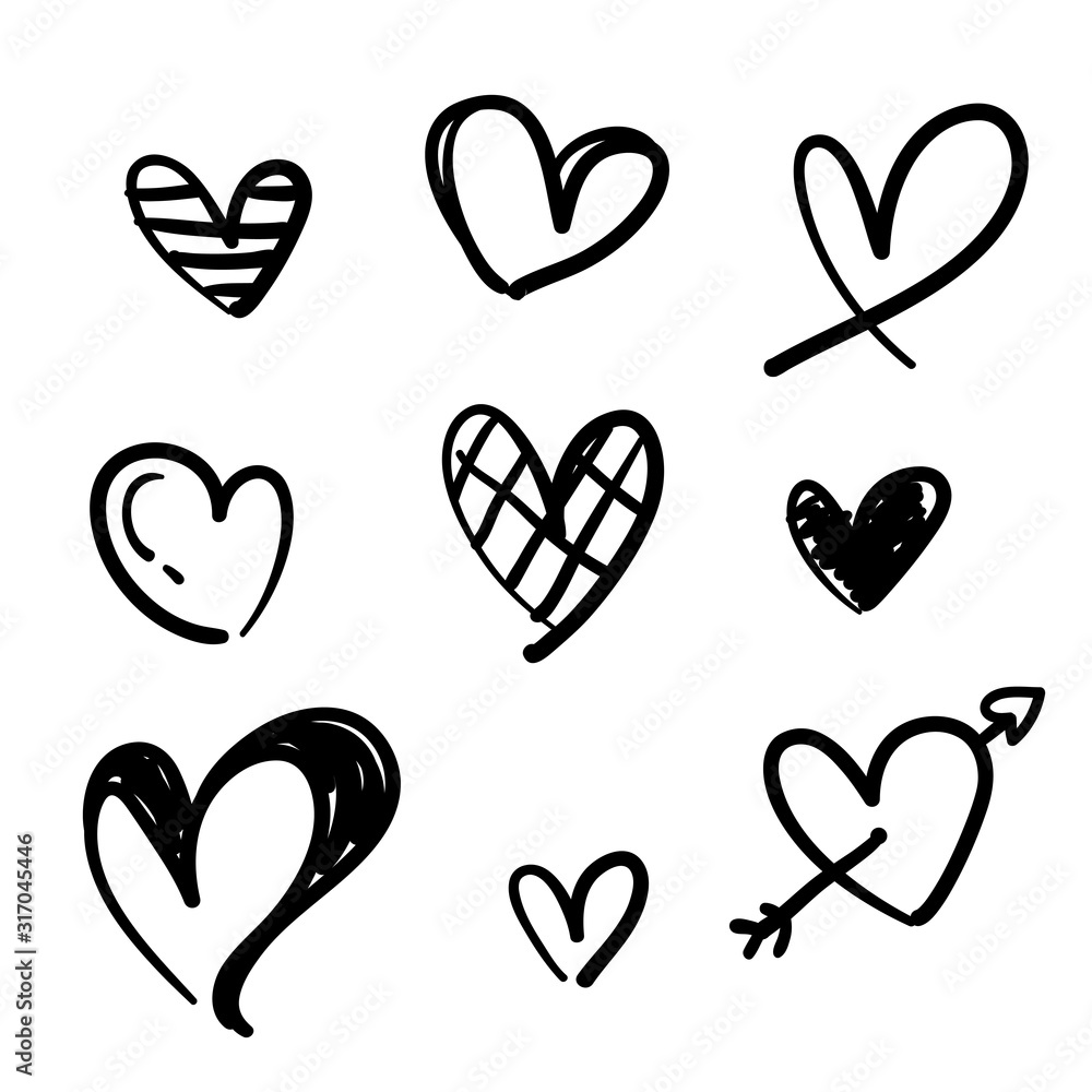 doodle collection set of hand drawn scribble hearts isolated on white background