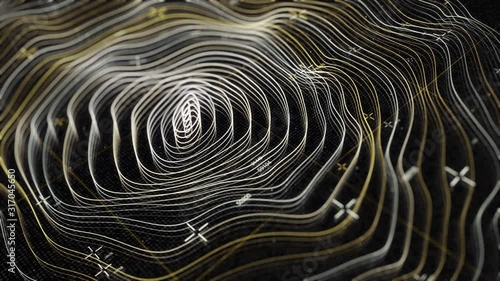 Abstract animation of digital surface map. Animation. Neon gemetric map of oscillating surface with oval markings and numbers. Neon digital seismic map of earth's surface