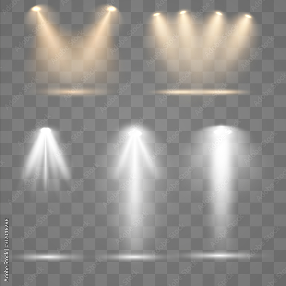 Plakat Set of golden spotlight isolated on transparent background. Glowing light effect with gold rays and beams. Scene floodlight spotlight stage beam.