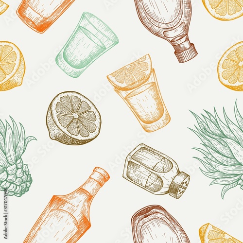 Seamless pattern of tequila glass and bottle, salt, cactus and lime. Vintage vector engraving illustration