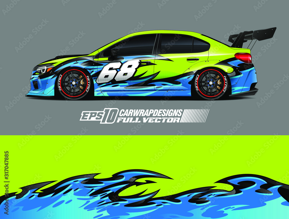 Fototapeta premium Rally car wrap decal design. Abstract stripe racing background designs for wrap cargo van, race car, pickup truck, adventure vehicle. Eps 10