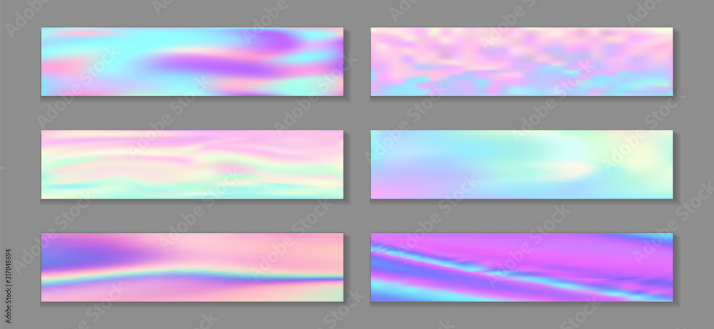 Hologram cute flyer horizontal fluid gradient mermaid backgrounds vector collection. Bokeh neon 