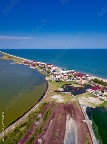 Curortnoe sea spit resort in Odessa region in Ukraine. Aerial view of beach and sea. photo