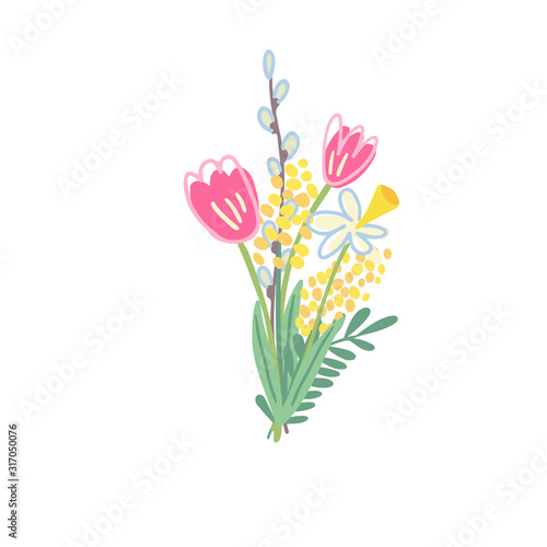 A nice bouquet of daffodils, tulips, mimosa and pussy willow twigs. Great for spring greeting cards. Hand drawn vector illustration isolated on white background.