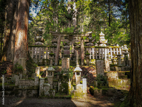 Aged tombs in the Okunoin cemetery on mountain Koyasan in Wakayama prefecture in Japan, a Unesco world heritage site