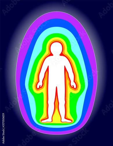 The aura of the body. Rainbow color marked layers of the male body. Etheric, emotional, metallic, astral, celestial and causal layer. Isolated vector on black background
