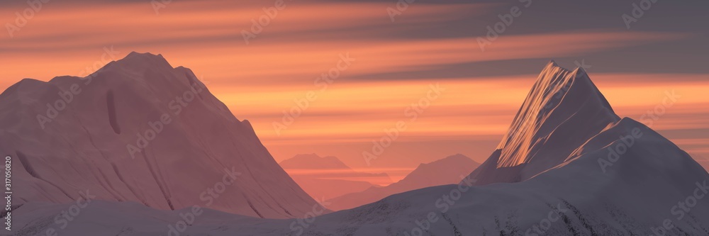 Beautiful mountains in the sunshine, Mountain peaks in the snow among the clouds, panorama of the mountain landscape, 3D rendering Beautiful mountains in the sunshine, Mountain peaks in the snow among the clouds, panorama of the mountain landscape, 3D rendering