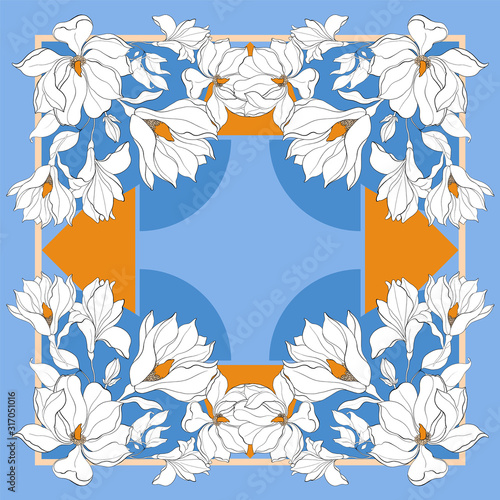 Card, bandana print, kerchief design, napkin. Dark blue beige ornate pattern on pastel vlue. Ready for print.