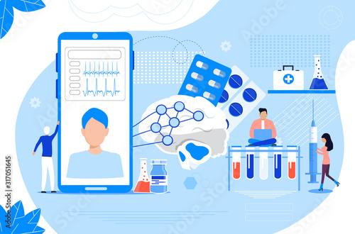 Neurologist, mental health concept vector for website. Neurology, dementia, alzheimer metaphor. Head CT in clinic. Anatomy of brain and examination psychiatric diseases.