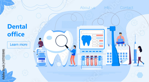 Dental office vector concept for landing page. Tiny dentists help toothache, treat pulpitis, caries, to whiten enamel or recovery implant. National Hygiene month, awareness week