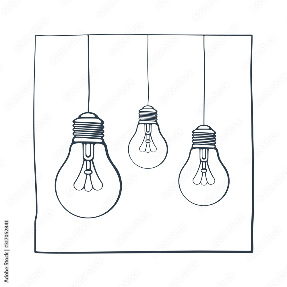 Vector illustration. Hand drawn ink sketch with three light bulbs in square frame. Symbol of idea, new solution and creativity. Graphic vintage element. Isolated on white background Vector illustration. Hand drawn ink sketch with three light bulbs in square frame. Symbol of idea, new solution and creativity. Graphic vintage element. Isolated on white background